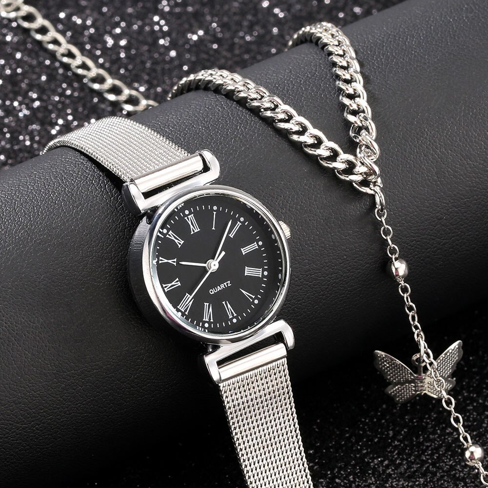 Elegante Vrouwen Armband Horloge Set Zilveren Romen Digitale Wijzerplaat Quartz Horloge Lady Chic Vlinder Hand Ketting Met Ringen Voor vrouw: Watch Bracelet D