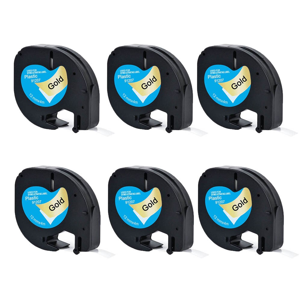 6Packs 91201 Etiketten Compatibel Voor Dymo Letratag Label Marker Plastic/Papier Refill Tapes 91200 Voor Dymo LT100H LT100T printer: black on gold