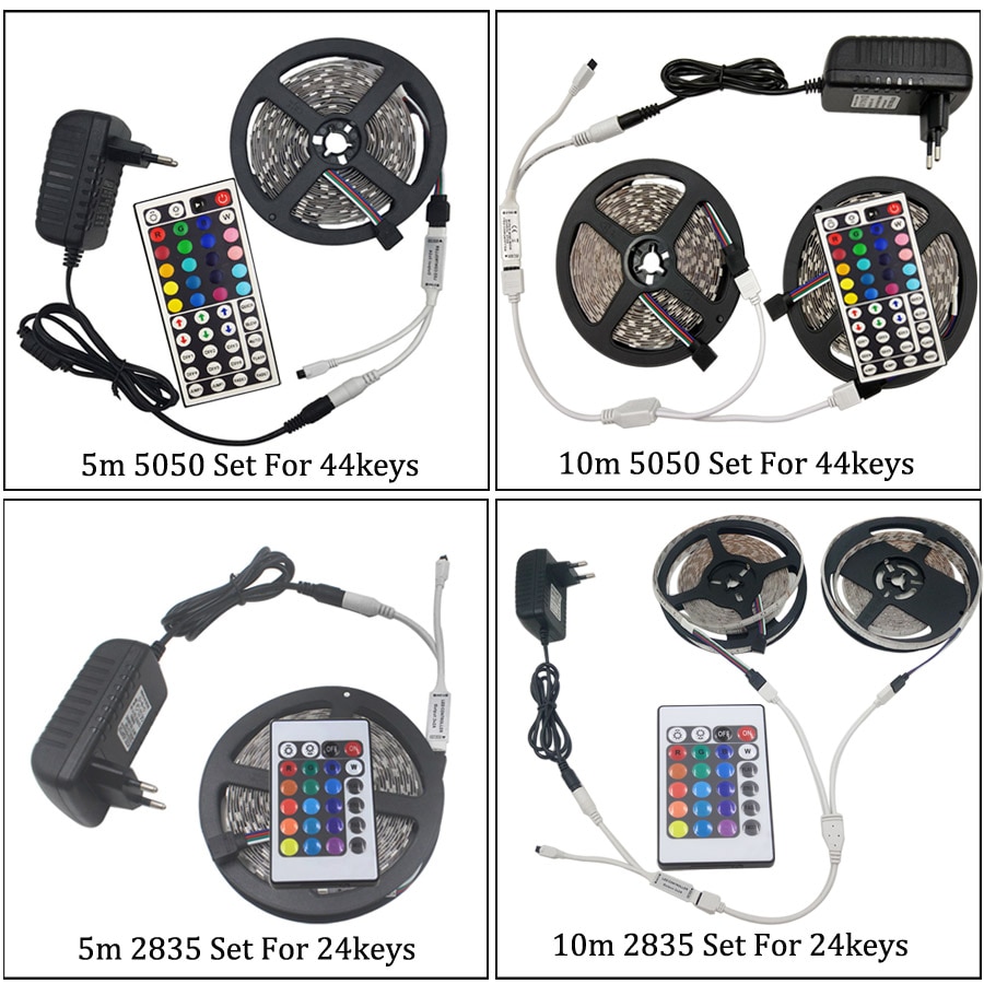 RGB LED Strip Light 12V SMD 5050 Flexible Ribbon Stripe DC 12V RGB Diode Tape fita de 5M 10M 15M with IR Controller Adapter Set