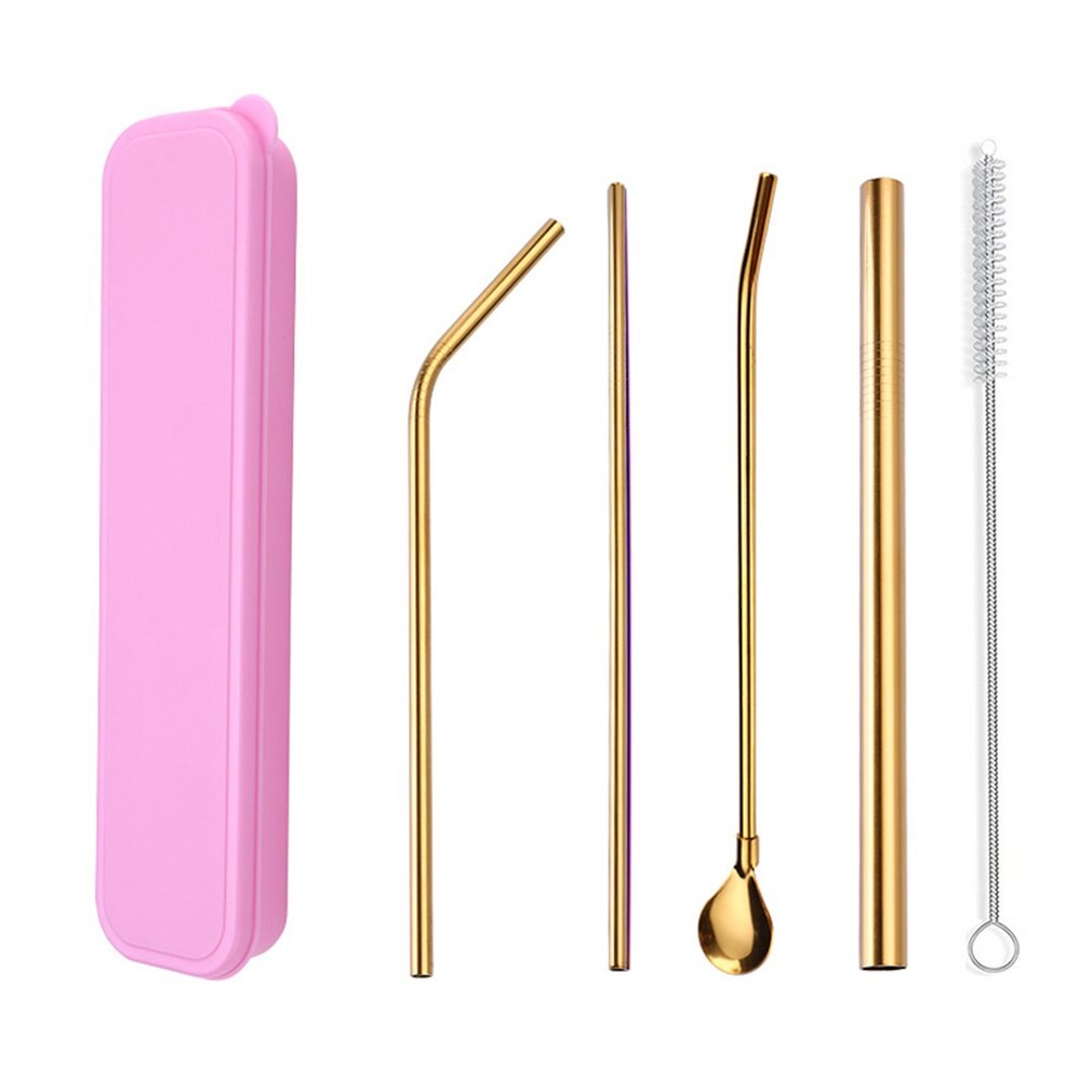 Set van 4 herbruikbare drinkrietjes van roestvrij staal, recht gebogen, breed melkrietje, pipetlepelset met reinigingsborstel en etui: Set 2