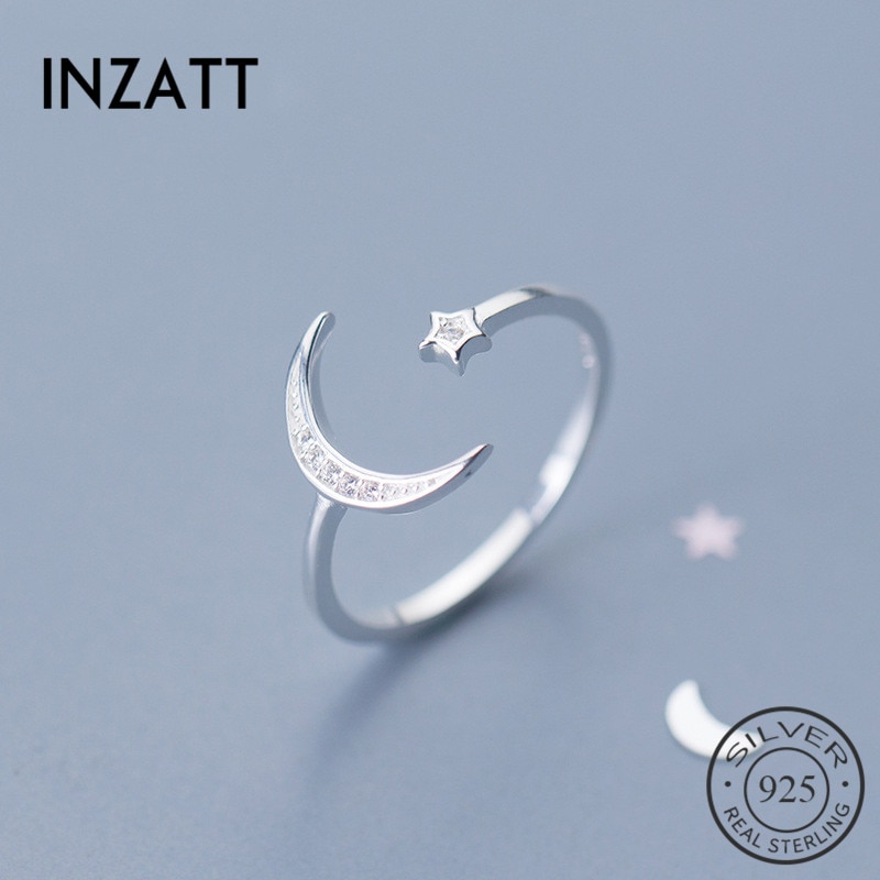 INZATT réel 925 en argent Sterling Zircon lune étoile anneau réglable pour les femmes de charme fête de mariage romantique bijoux