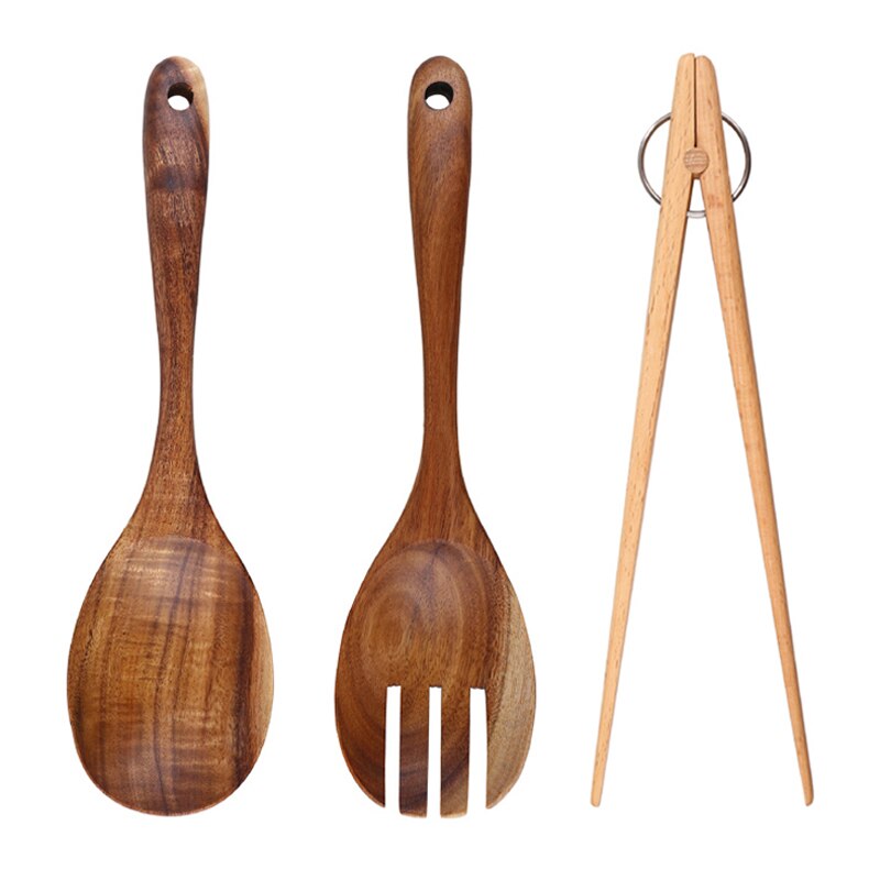 Salad Server Large Wood Spoon Fork Set Wooden Tongs Spoon Serving Set Soup Ladle Kitchen Cooking Spoons Wooden Cooking Utensils