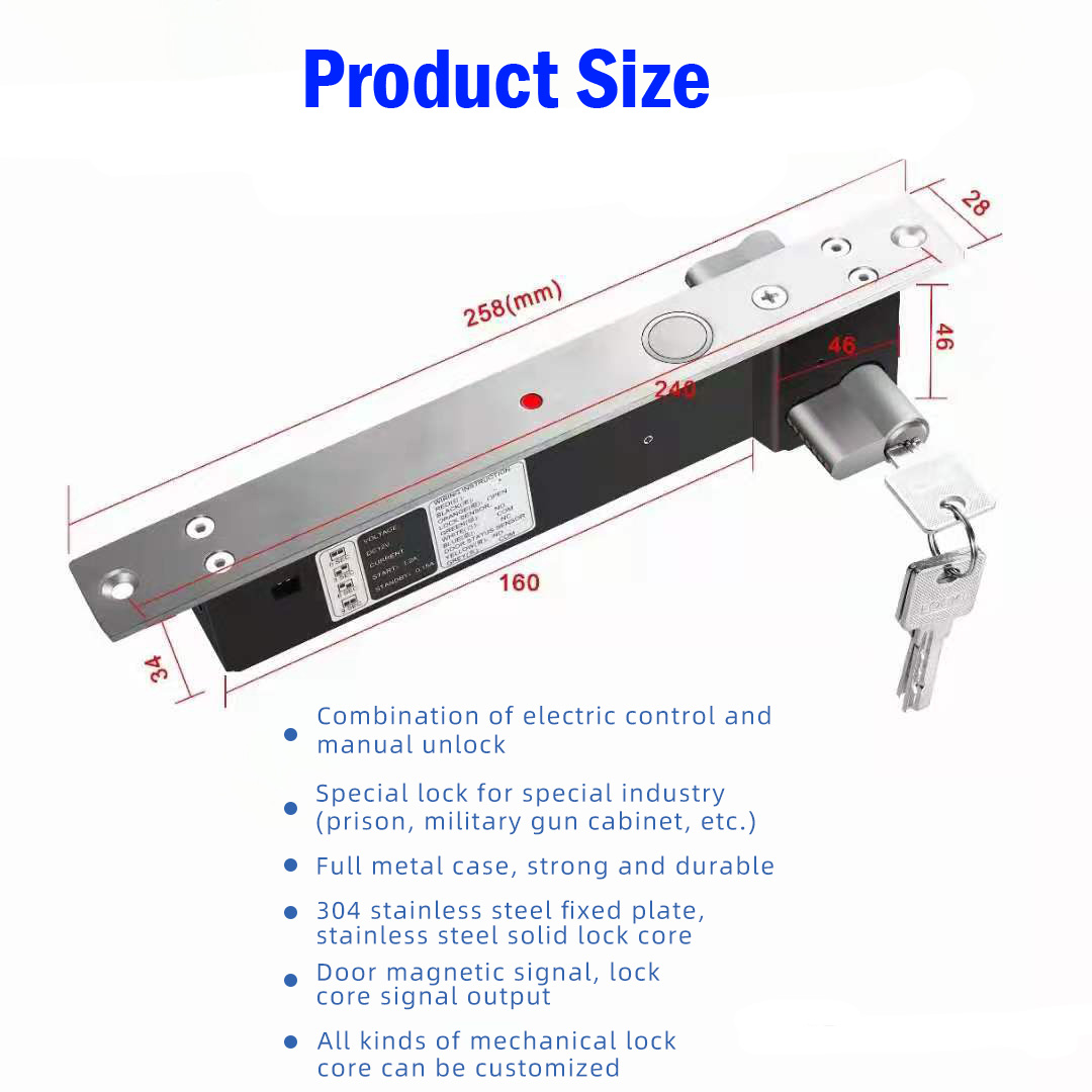 DC 12V Electric Bolt Lock With Mort Lock Cylinder Mechanical Key Electric Mortise Bolt Lock Fail Safe Fail Secure