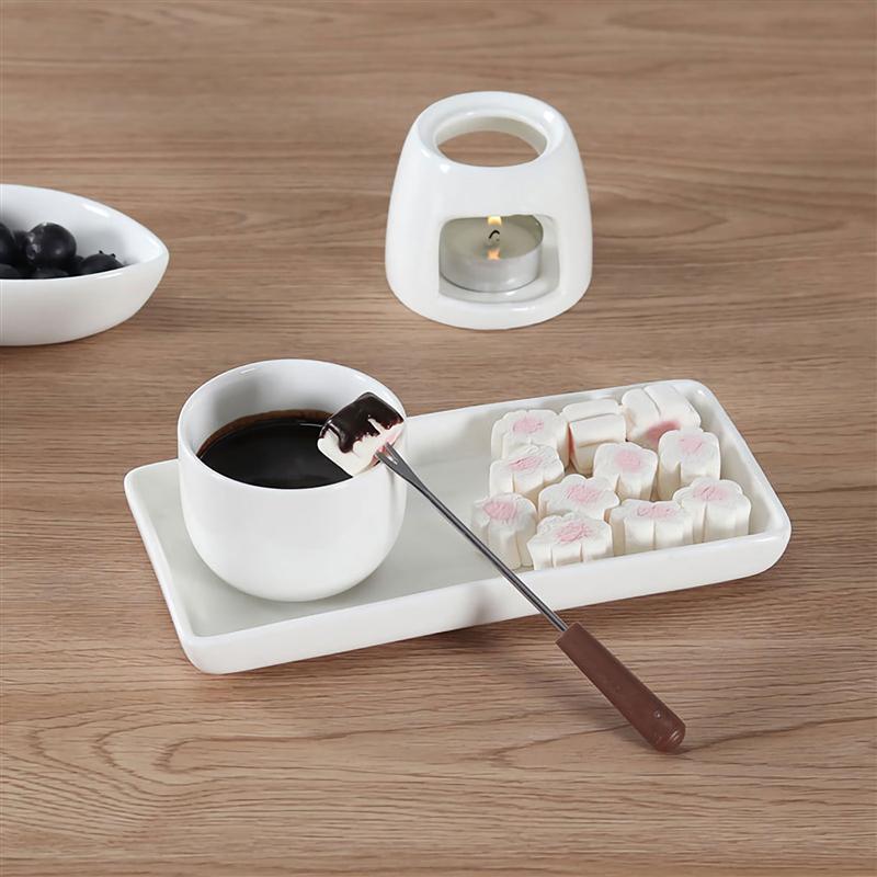 1 Set Ceramic Fondue With 2 Forks Premium Tea Light Porcelain Melting Pot