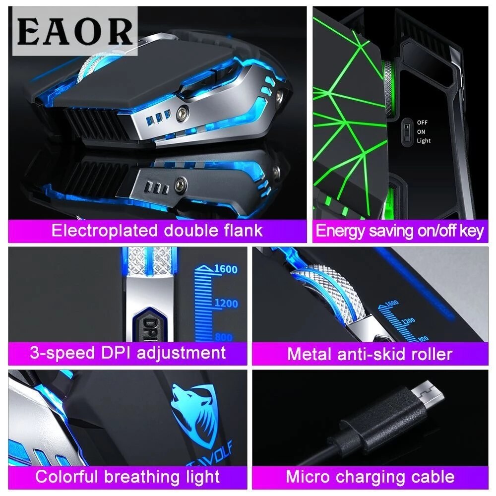 for T-wolf Q15 USB Wireless Mouse Charging Silent Mute Light Touch Wheel Gaming Mouse Star Black