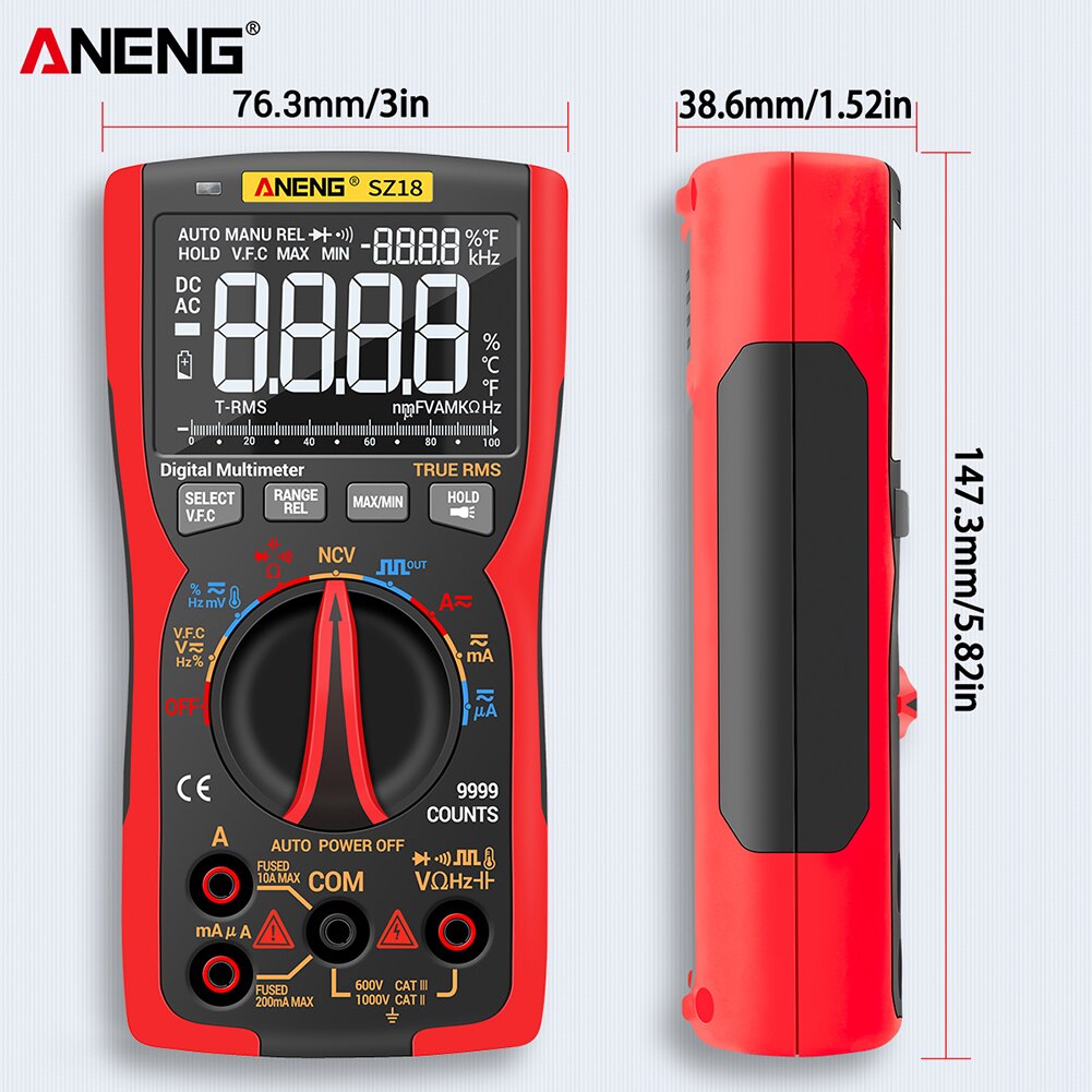 Digital multimeter ac / dc spænding strømmåler frekvens kapacitans temperatur tester 9999 tæller lcd display skærm aneng  sz18: Rød