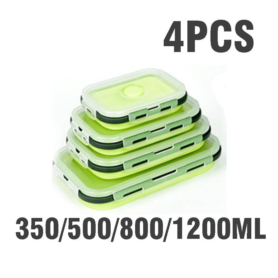 Silicone Lunch Box Set Stackable Bento Food Prep Container Foldable Lunchbox Microwave Dinner Storage Containers Leakproof Fresh: green B-4pcs