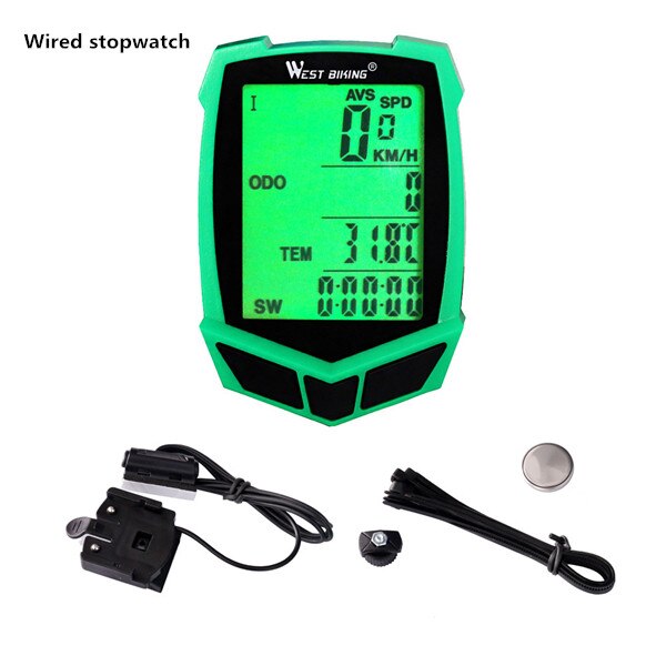 WEST vélo sans fil vélo ordinateur 20 fonctions compteur de vitesse odomètre vélo ordinateur sans fil + vélo chronomètre vélo ordinateur: Green Black Wired