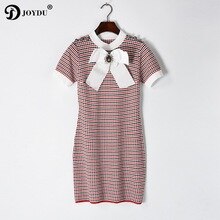 JOYDU Luxe Chic Runway Zomer Jurken voor Vrouwen Korte Mouwen Gebreide Mini Plaid Bandage Jurk Bead Bow Party Vestidos