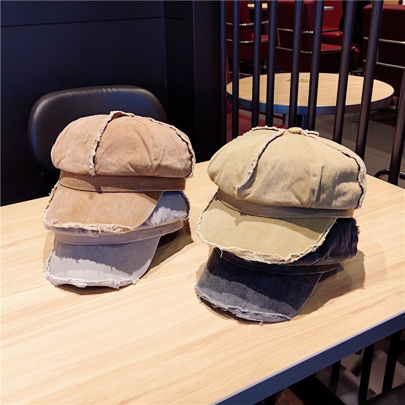 Chapeau coréen octogonal pour femme, Dongdaemun rétro, littéraire, lavage et vieux bords, béret de journal, printemps et été