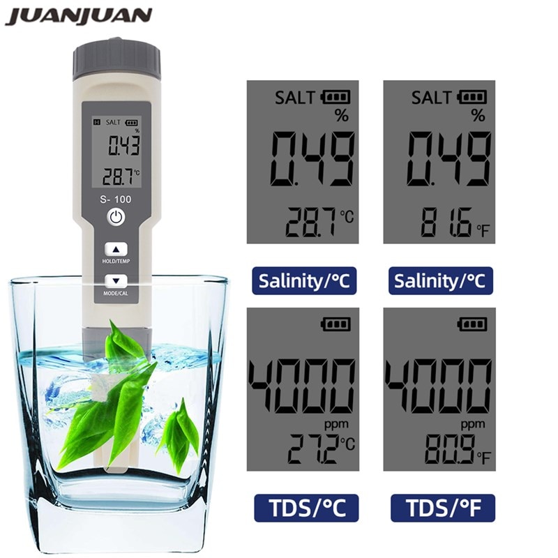 S-100 Salt Meter Salinity Tester 3 in 1 TEMP SAL TDS Meters Waterproof Salinometer Salty Gauge Water Measure Tool 40%