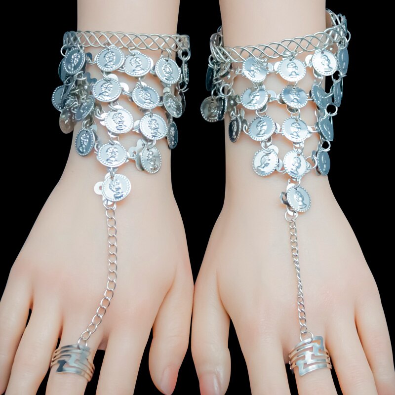Conjunto de accesorios de danza del vientre para mujer, collar, pendientes, pulsera, juego de oro y plata, accesorio de danza del vientre, India,: Silver-Bracelet