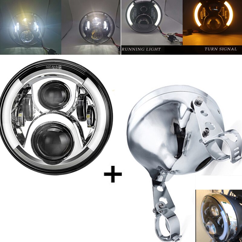 Boîtier de montage des phares LED pour motos, 7 pouces, éclairage avant chromé pour conduite, 60W, DOT DRL