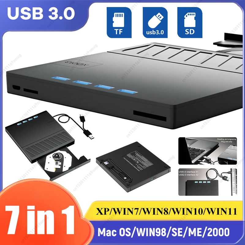 Gravador de dvd/cd externo usb 3.0 tipo -c 7- em -1 , unidade óptica móvel multifuncional, plug and play para todos os computadores.