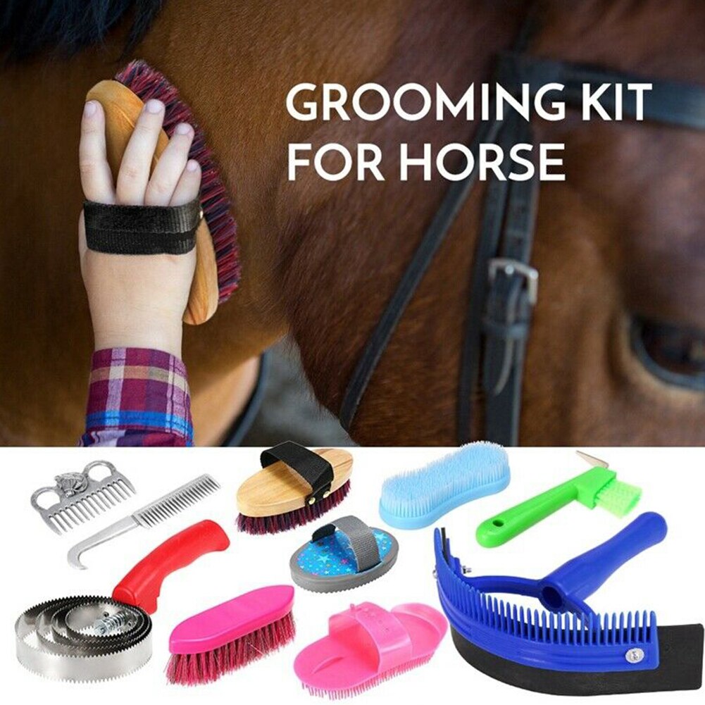 10pcs Grooming Tool Brush Scrubber Curry Mane Tail Horse Cleaning Kit Set Hoof Pick Scraper Massage Comb