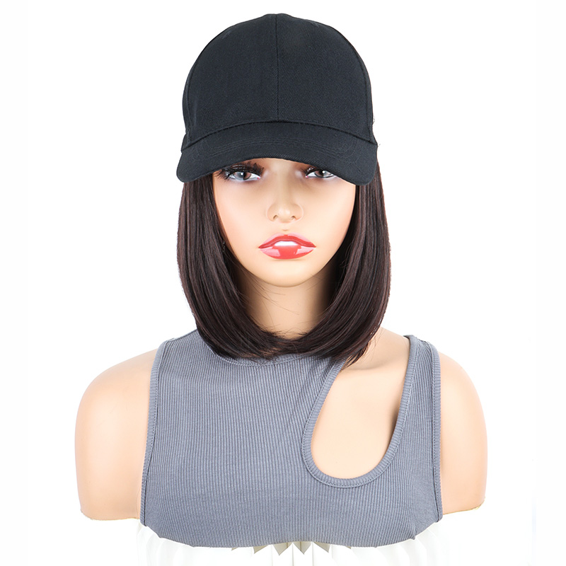 Pelucas sintéticas cortas y rectas para sombrero Bobo, gorra de béisbol, peluca ajustable en negro y marrón para mujer: Castaño