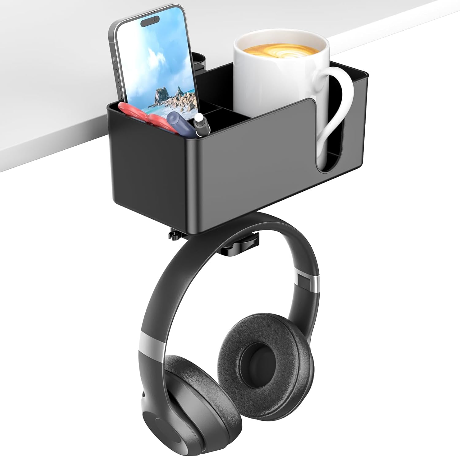 4-in-1 Desktop Organizer - Headphone Hanger and Pen Holder Cup Clamped Under the Desktop - Rotating Headphone Stand: black