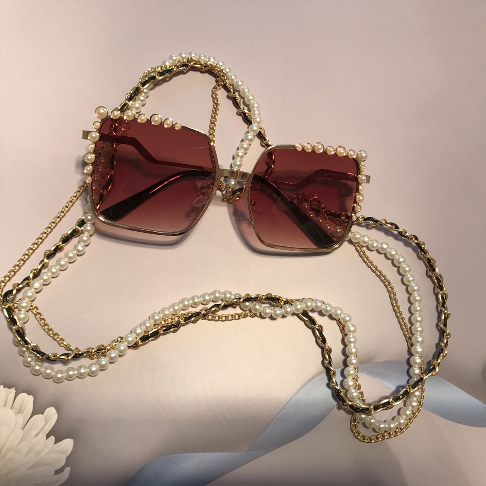 QPeClou de lujo perlas cadena gafas para mujeres de gafas de sol de Metal de la cadena