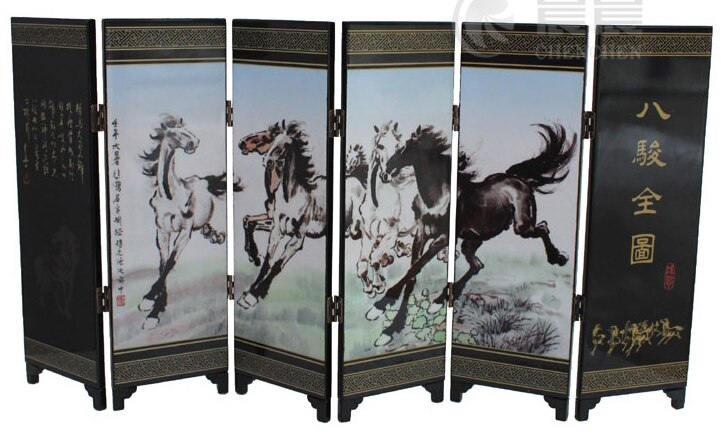 (Mini) Exquisite Chinese Klassieke Lak Schilderen Decoratieve Acht Paarden Kamerscherm