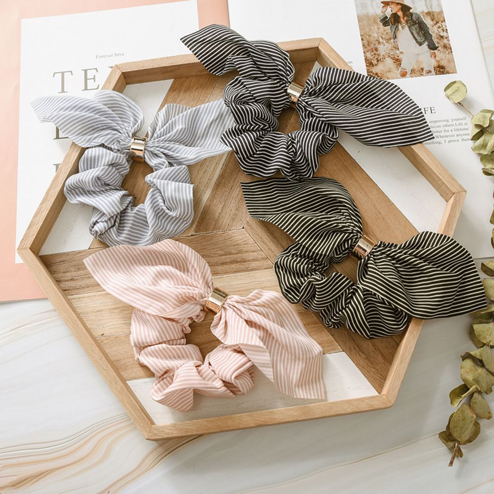 1 stk kanin øre hår scrunchies til kvinder elastisk gummi hår reb stribet gummibånd til piger metal ring slips