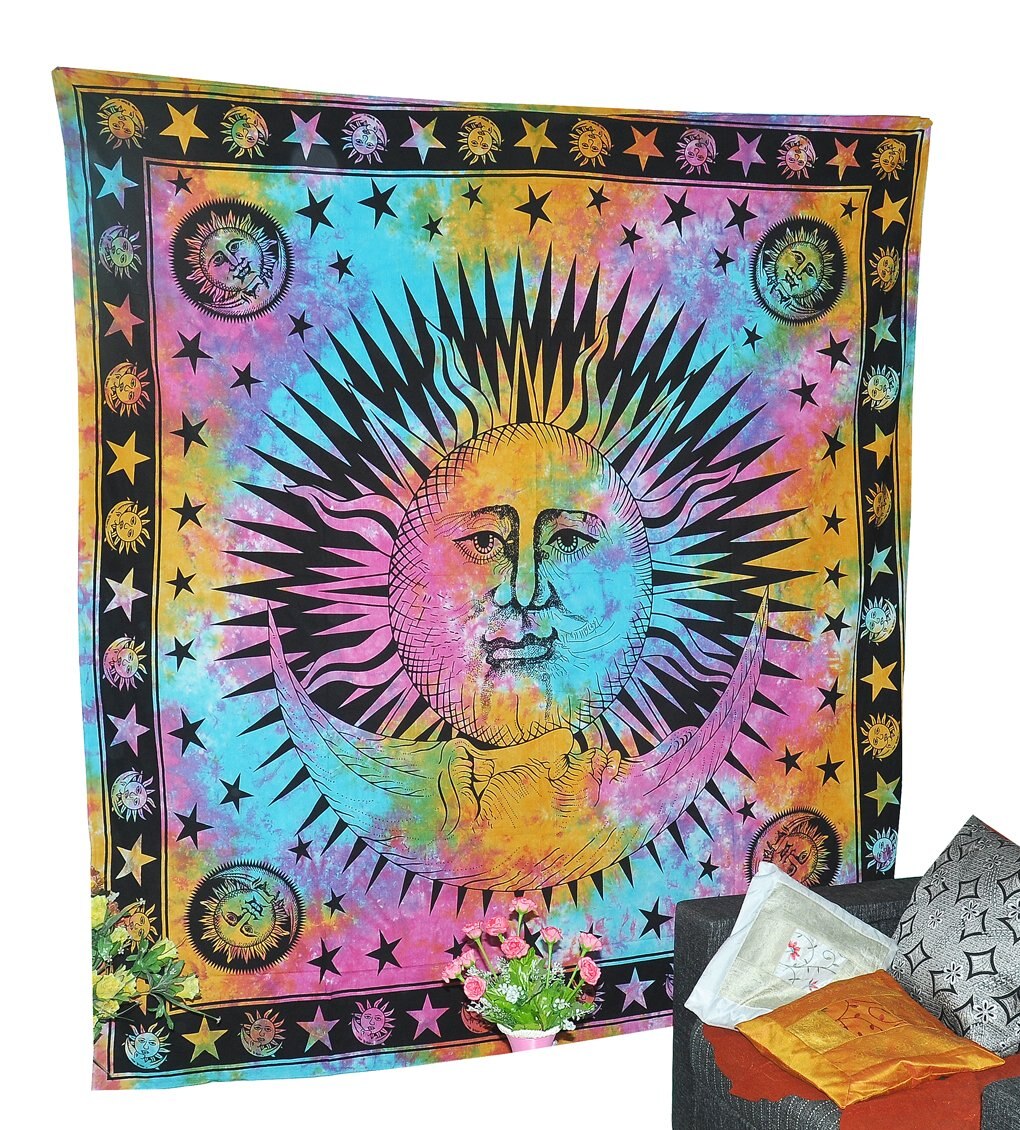Psychedelic Celestial Indian Burning Sun Moon Hippie Hippy Tapestry Wall Hanging