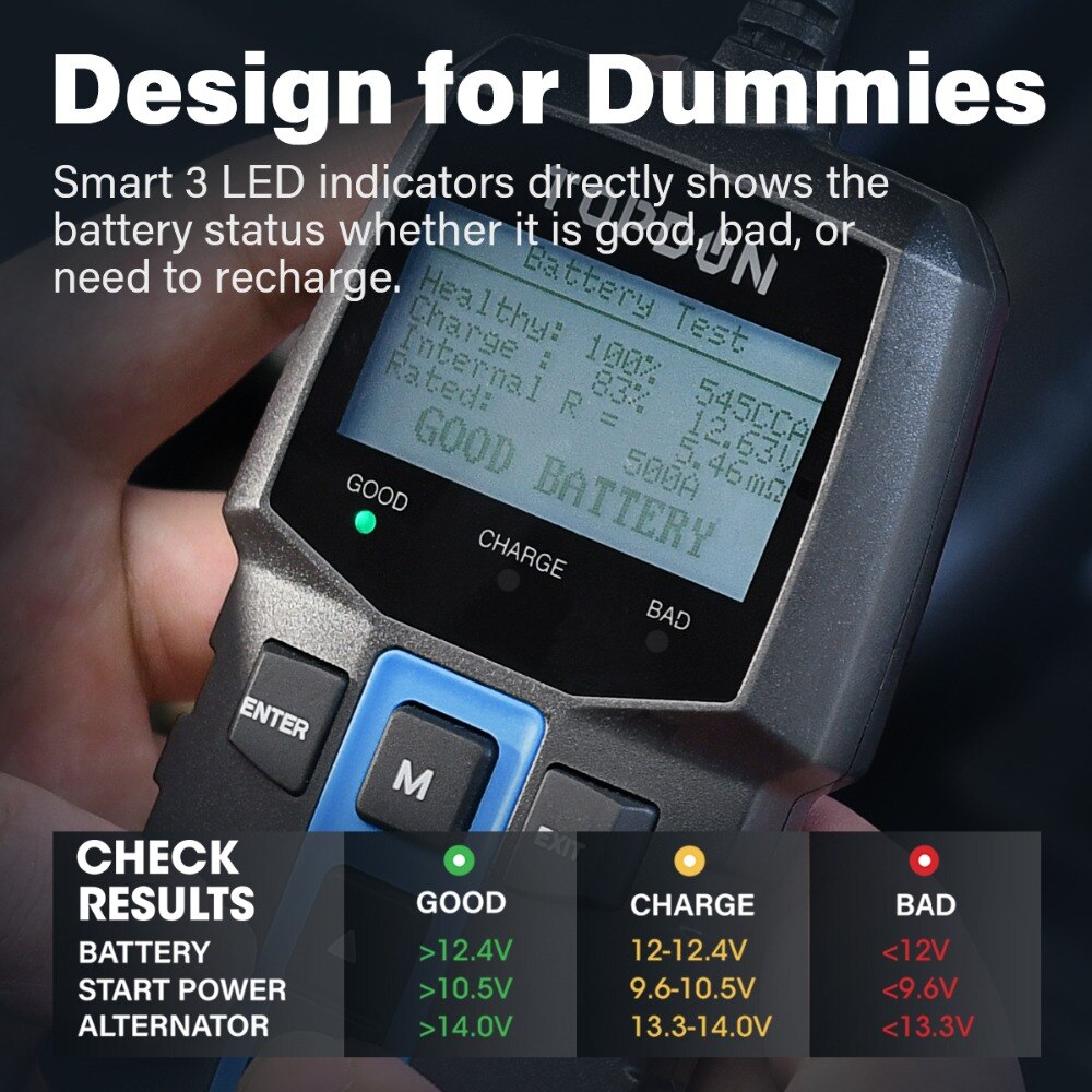 Topdon  bt100 bil batteri tester 12v 100-2000 cca auto bil lade krets belastning batteri analysator for bil lastebil motorsykkel tester