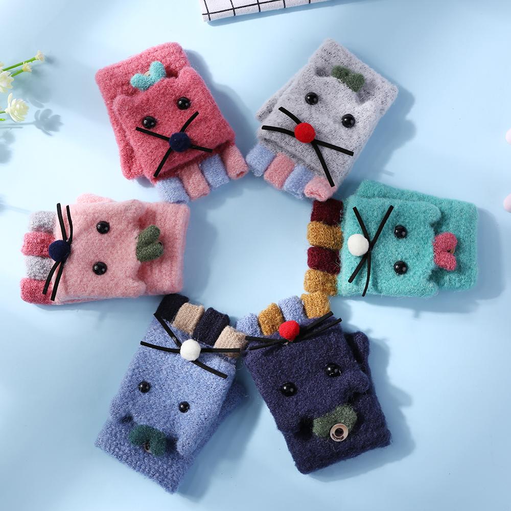 1 Pair Winter Kids Gloves Baby Knit Thicken Warm Hand Muff Cute Ears Glove Lovely Winter Cotton Wool Children Gloves Mittens