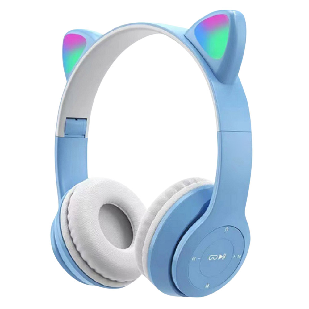Trådlösa spelhörlurar med kattöra, lysande ljus, bluetooth-kompatibla hjälmar, stereobas, over-ear-headset för pc och telefon: Vit