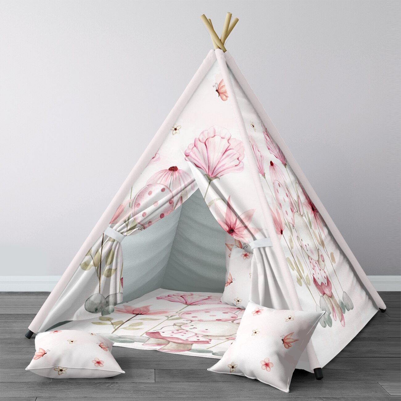 Spielzelt für kinder, wigwam, tragbares indoor-spielzelt für kinderzimmer, beiges kaninchen- und rotes blumenmodell 1409
