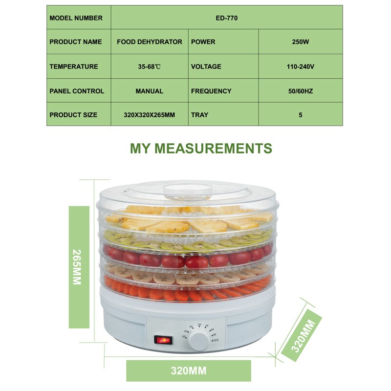 Teet 32cm Diameter Vijf Trays Elektrische Huishoudelijke Fruit Groente Dehydrator Machine