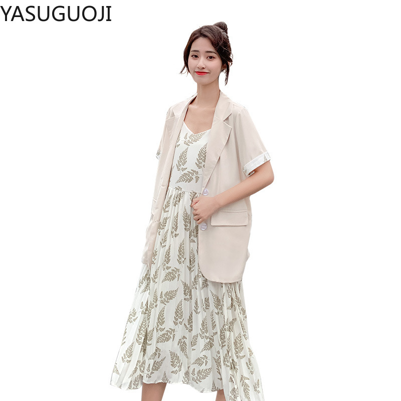 Yasuguoji sommer kvinne kortermet blazer med blomsterprint lang kjole dresser 2 to deler sett dress kvinner