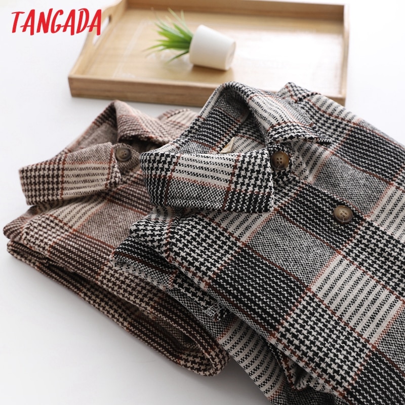 Tangada naisten ylisuuri ruudullinen poikaystävä tyyli paksu paitapusero pitkähihainen tyylikäs naisten vapaat topit bao 27