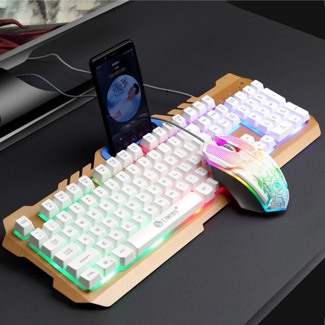 T21 Gaming Keyboard Mouse Set Wired Mechanical keyboard With LED USB Gaming Mouse Backlight Waterproof keyboard For PC Laptop: white