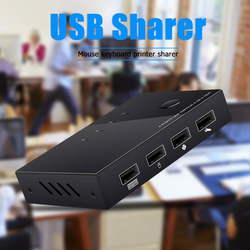 USB KVM Switch Box USB 2.0 Switcher 4 Port PCs Sharing 2 Devices Button Switching for Keyboard Mouse Printer Monitor