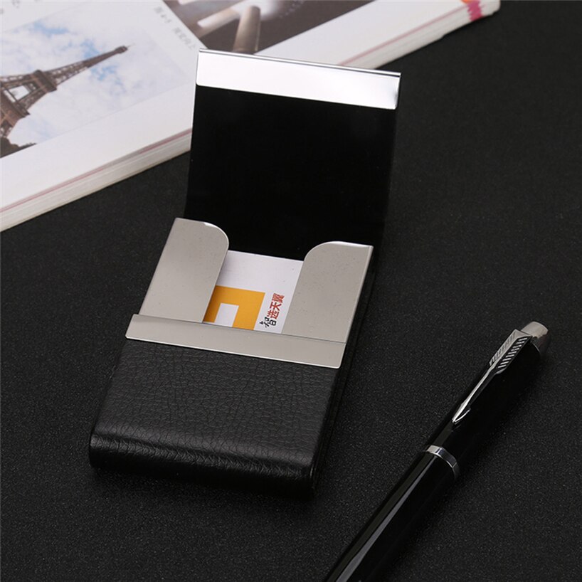 Funda abatible de Metal de cuero PU aeliciy funda de tarjeta de crédito de doble apertura caja de paquete mujeres hombres tarjeta de visita ID titular de la tarjeta Case0