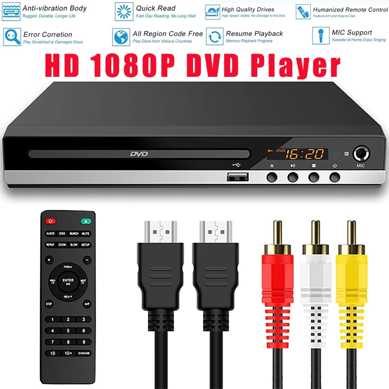Full Hd Dvd Speler + Afstandsbediening 1080P High Definition Cd/Evd/Vcd Speler Met Av Hdmi Output Microfoon Usb Voor Home Tv Ktv