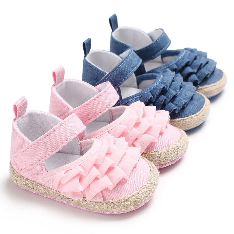Goocheer Newborn Infant Baby Girl Summer Kids Shoes Soft Sole Crib Prewalker Toddler Anti-Slip Solid Ruffled First Walkers
