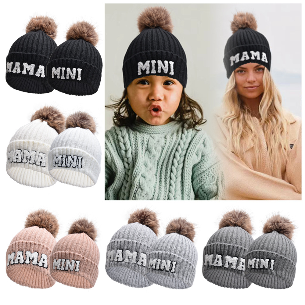 Alphabet Hat Parent Child Cap Hairball Wool Hat Outdoor Warm Knit Kid Baby Beanies Cute Daughter Mother Son Boy Girl
