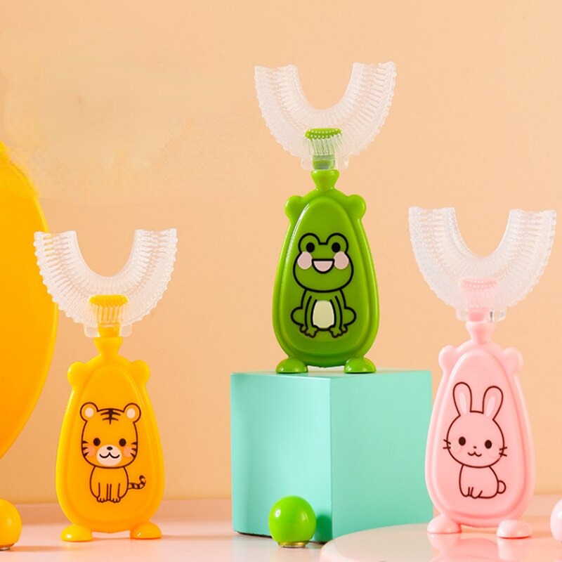 2-8Y Cute Animal Kids spazzolino a forma di U spazzola in Silicone per bambini 360 spazzolino da denti filo per bambini spazzolino da denti U spazzolino da allenamento