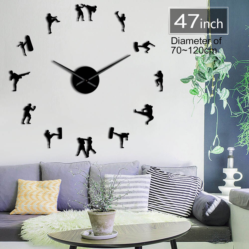 Taekwondo figurer diy gigantisk veggklokke kickboksing karate gutter kampsport dekorativ stor veggklokke