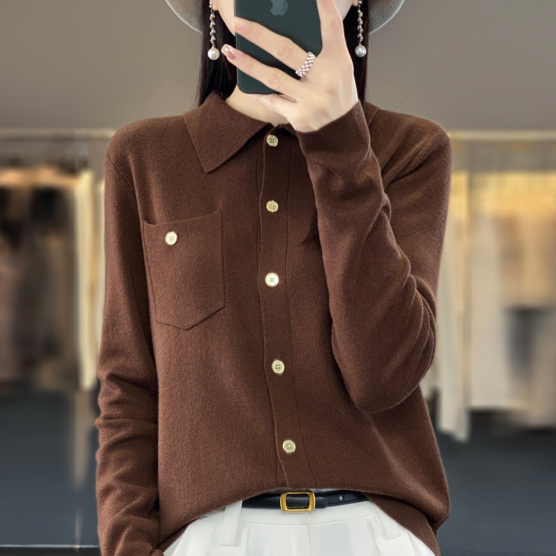 Cardigan feminino com bolso primavera e verão nova camisa de lapela fina imitação de lã camisola alta rua casaco superior mangas compridas