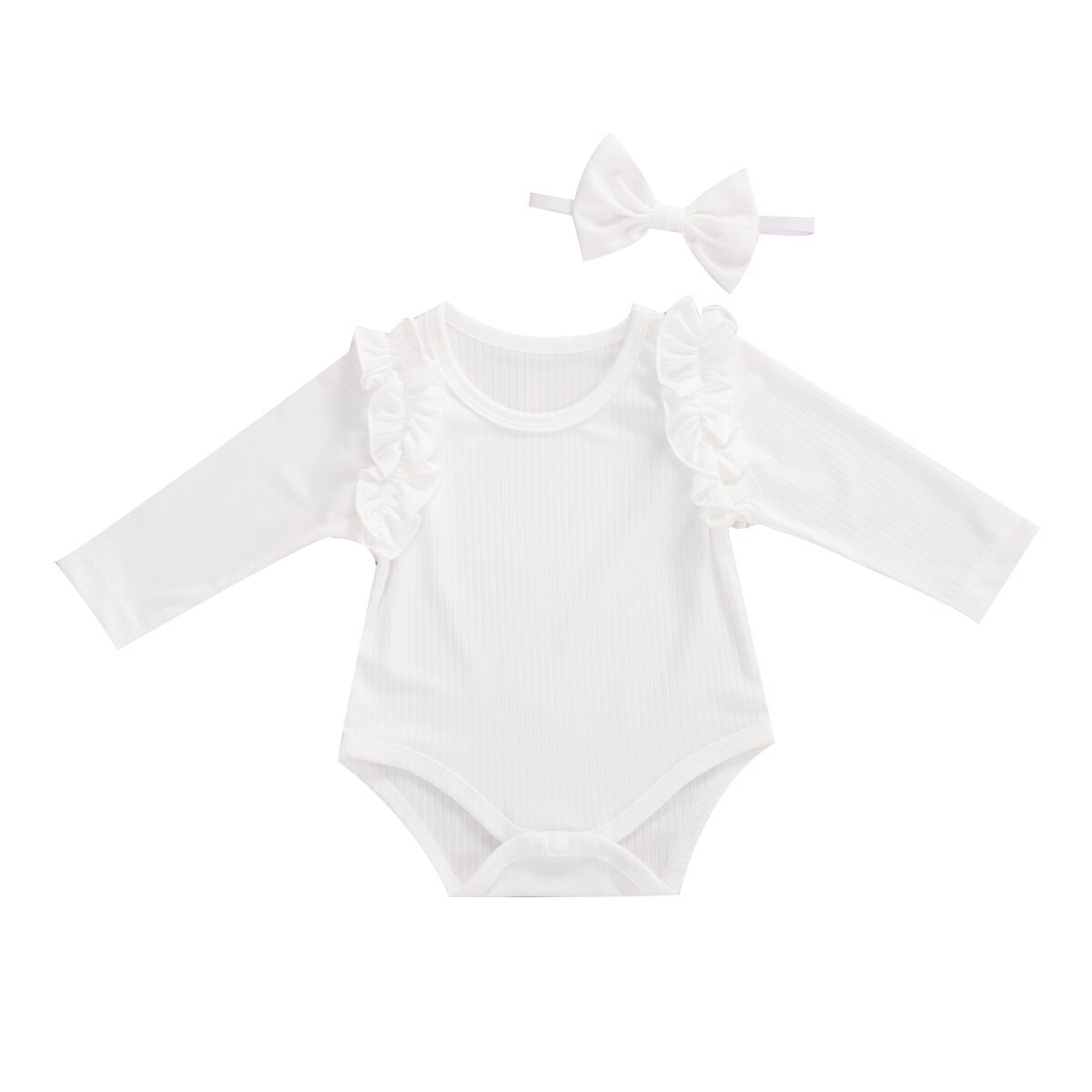 Focusnorm Herfst Baby Meisjes Jongens Bodysuits Hoofdband Ruches Lange Mouwen Knit Solid Jumpsuits 2 Stuks 5 Kleuren: WHITE / 3M