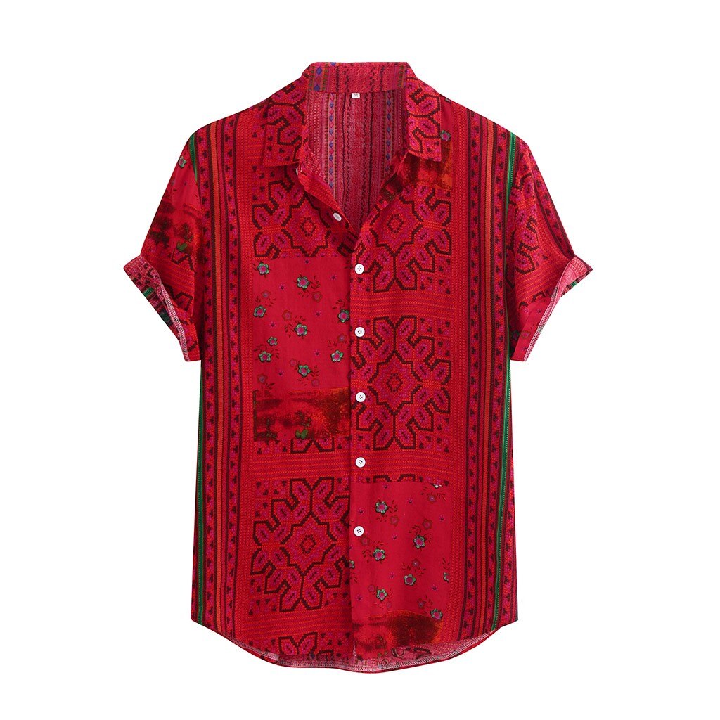 Skjortor m -3xl plus size herr färgglada tryckta sommar kortärmade lösa knappar fritidsskjortblus 3 färg dagligt slitage: Röd / M
