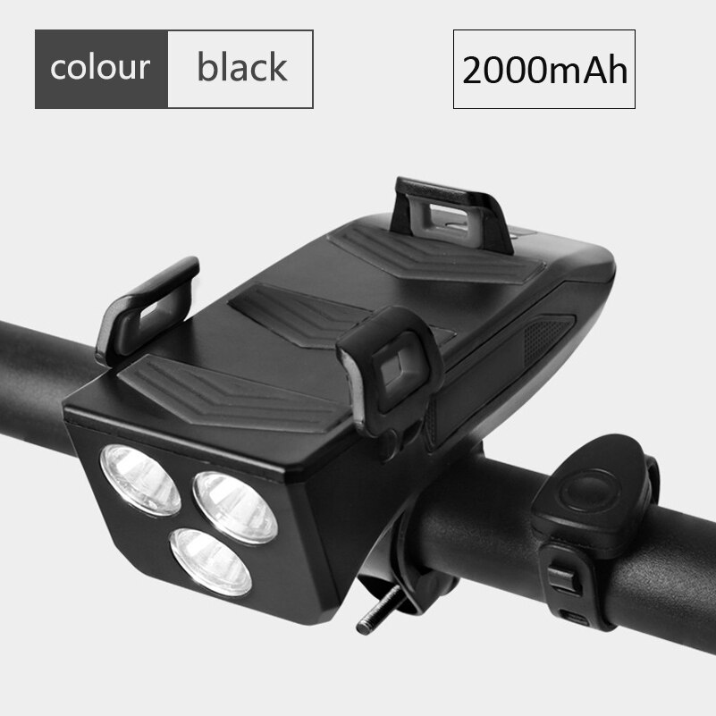 Multi-funktion USB Aufladbare Fahrrad Licht Kopf Lampe Telefon Halfter mit Fahrrad Horn Glocke 4in1 4000mAh MTB Radfahren Vorderseite Licht: 2000MAH Schwarz