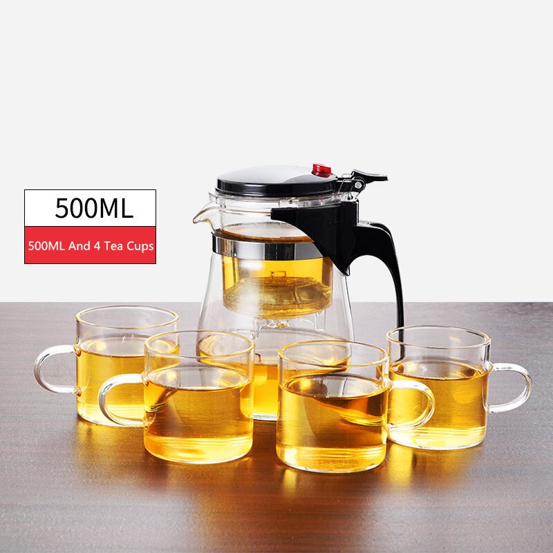 Heat Resistant Glass Tea Infuser Tea Pot Chinese Kung Fu Tea Set Puer Kettle Coffee Glass Maker Convenient Office Tea Sets: 500ML And 4 Tea Cups