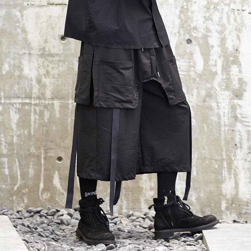 Hommes japon Style Streetwear Kimono jupe pantalon mâle ample décontracté large jambe pantalon Punk gothique Hip Hop ruban Harem pantalon