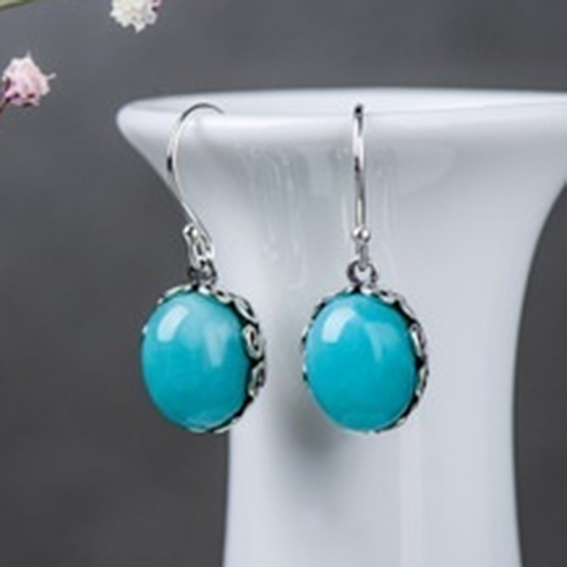 Big Vintage Eye Shape Synthetic Turquoises Earrings for Women Antique Silver Plated Jewelry Earring To Girlfriend: 1