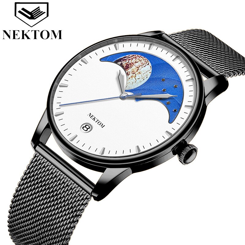 Nektom Echt Mesh Riem Heren Quartz Horloge Ultra-Dunne Kalender Waterdichte Student Paar Horloge