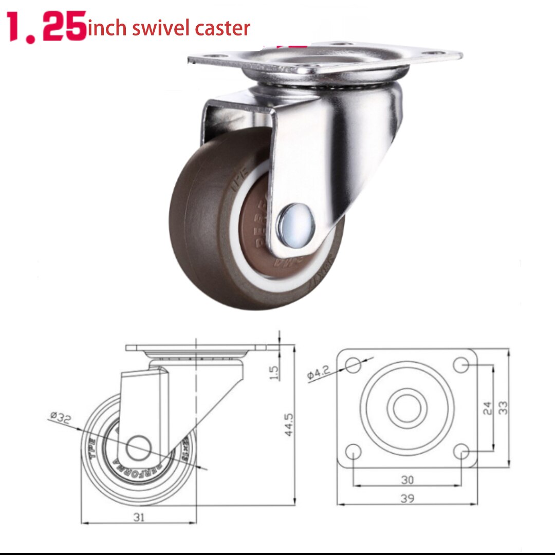 1.25inch 4PCS Swivel Casters with Brake for Furniture Soft Rubber TPE Wheels Platform Trolley Chair Household Aaccessories: swivel