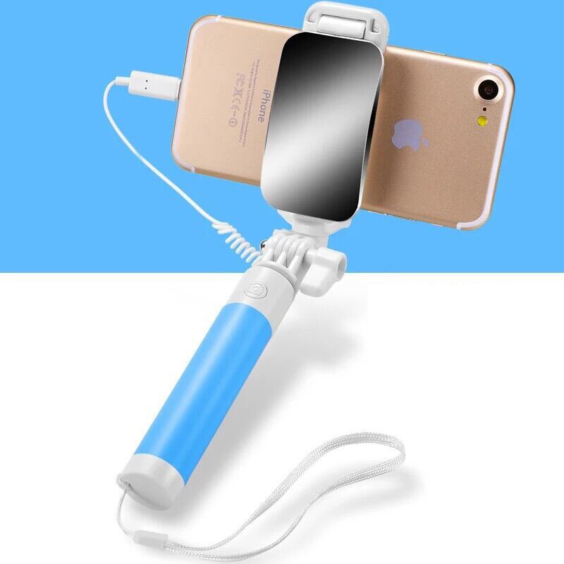Mini Uitschuifbare Bedrade Selfie Sticks voor Iphone X Xs Max Xr Kabel Spiegel Autodyne Artefact voor IPhone 6 6S 7 8 Plus Selfie Stok: BL